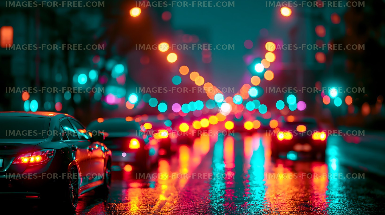 Night city street with blurred car lights in the rain