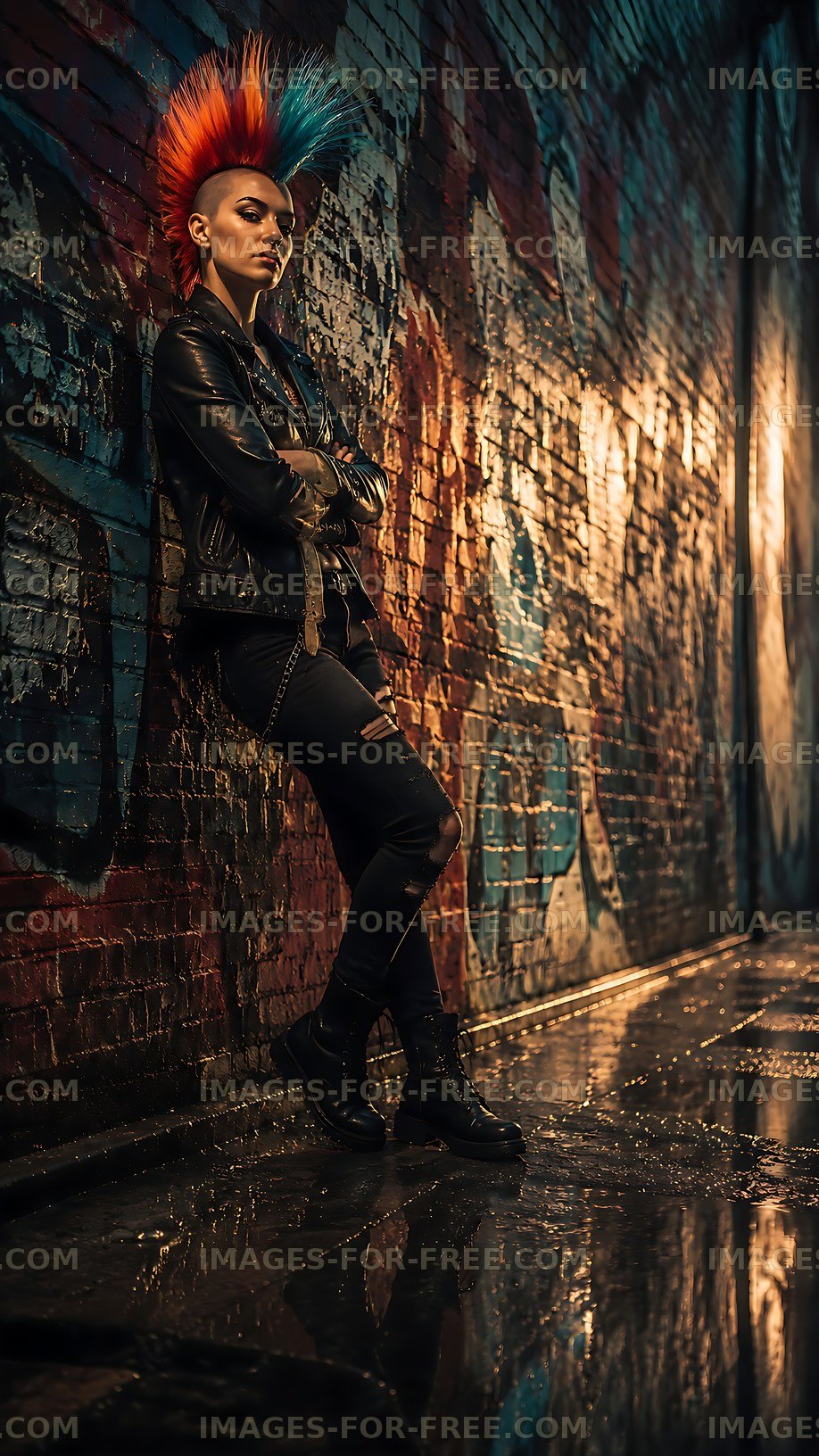 Punk model poses in urban alley at night