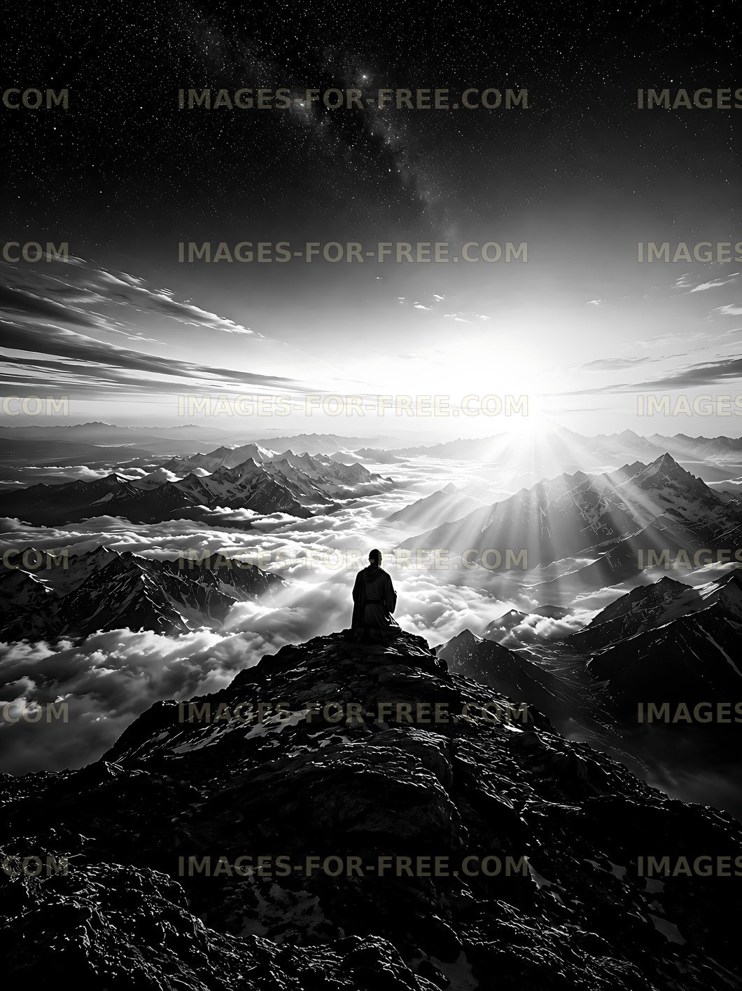 Person sits on rocky summit overlooking mountains at sunrise
