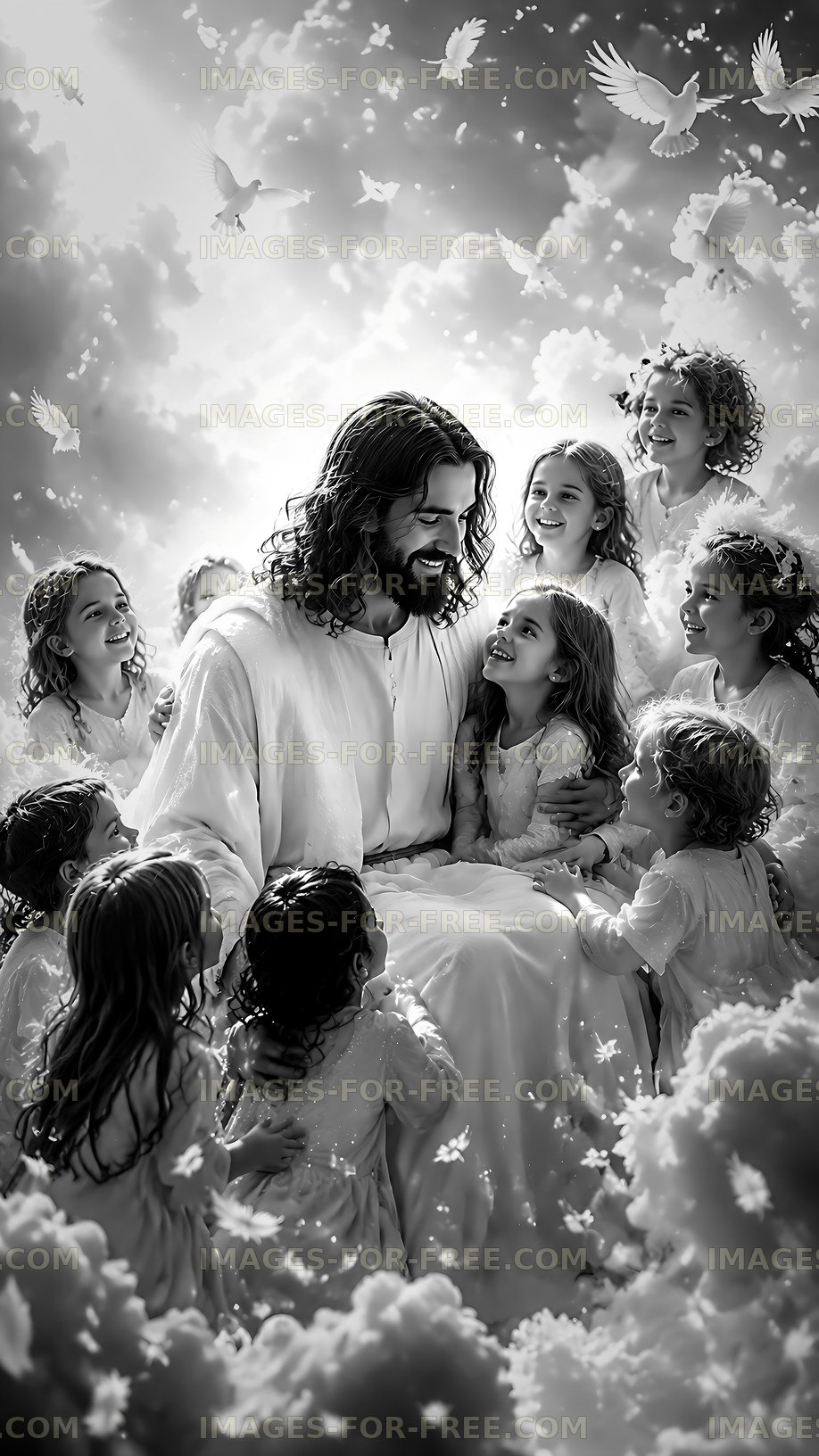 Children gather around a figure sitting among clouds