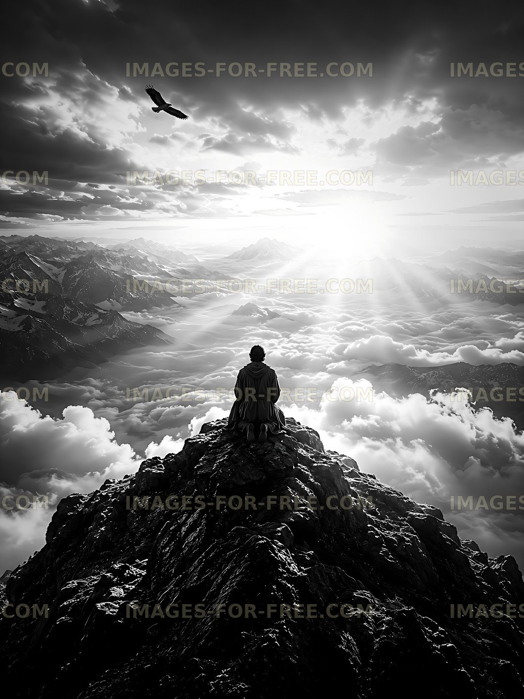 Man sitting on a mountain peak looking at a cloudy landscape