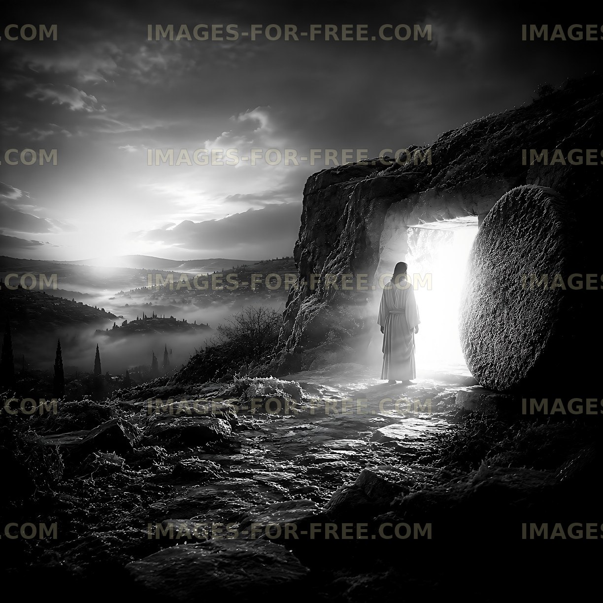 Light emerging from the tomb with figure standing outside