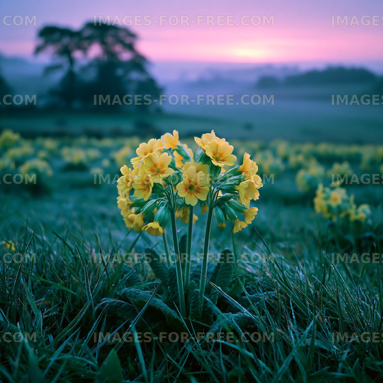 Frosty morning with yellow flowers in a field at sunrise