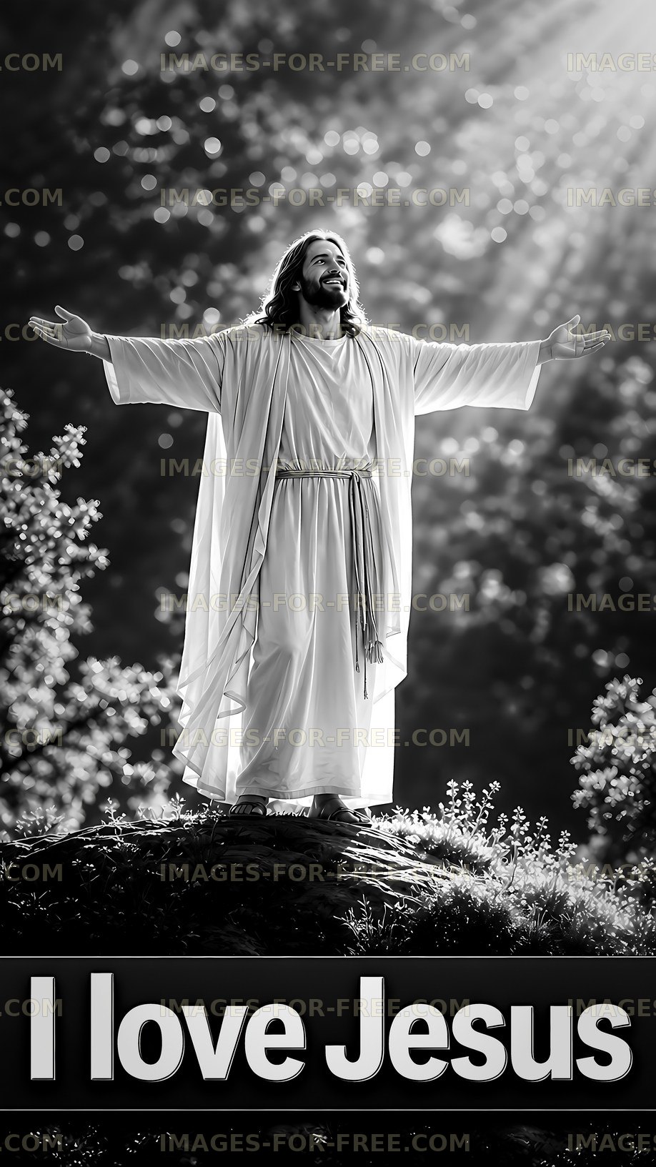 Jesus standing with arms open in forest setting