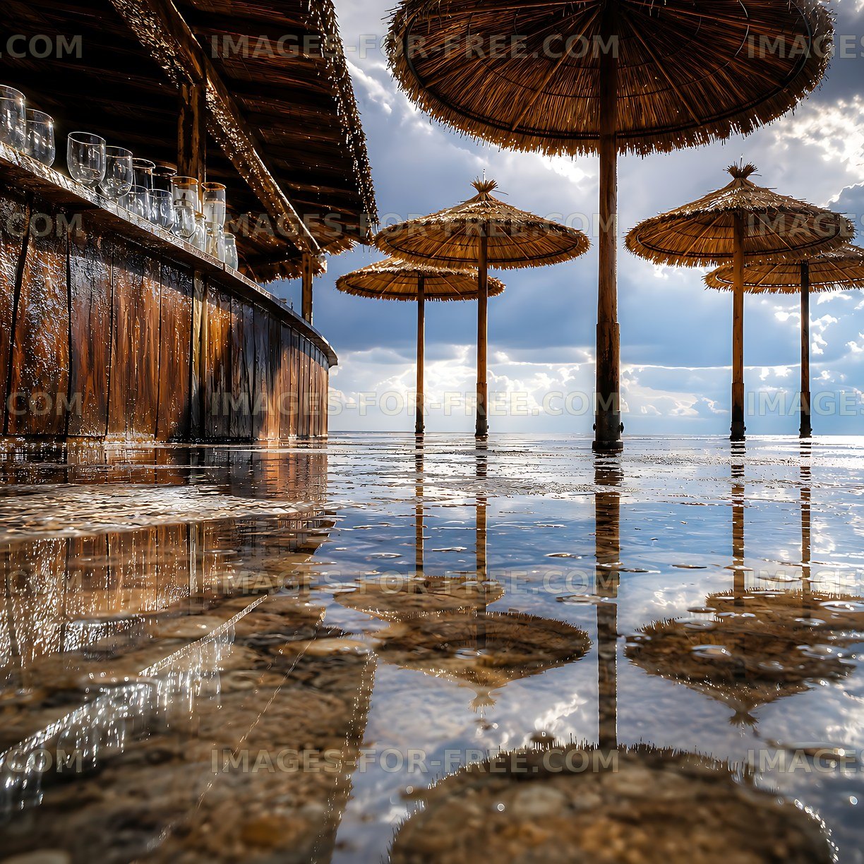 Beach umbrellas reflecting in calm water