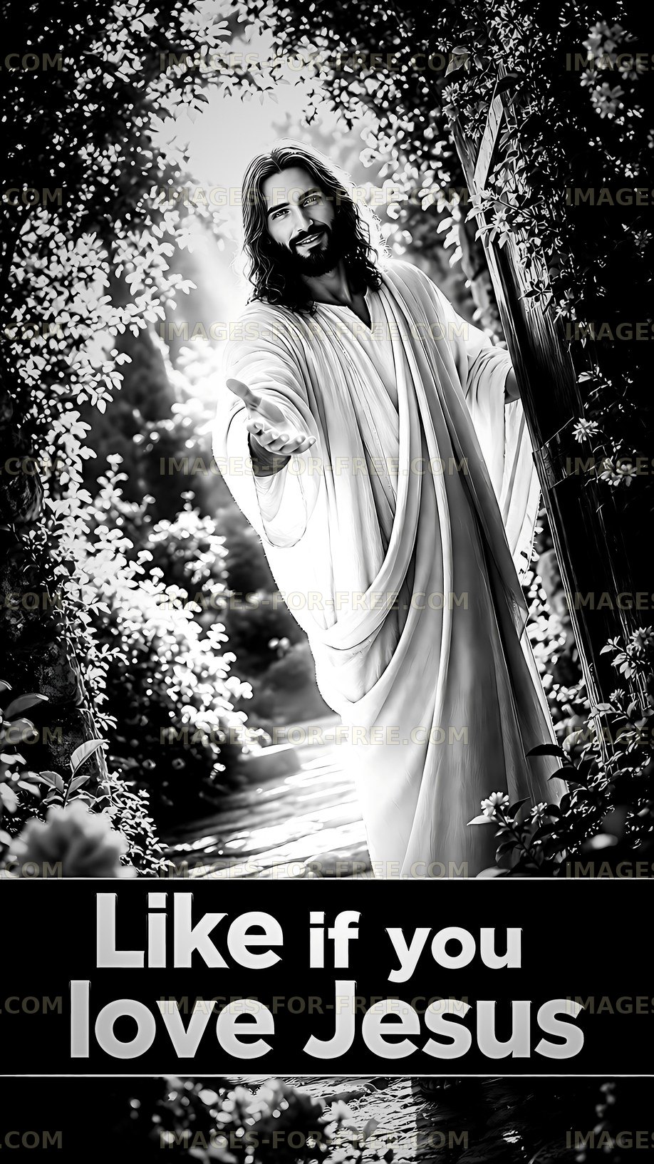 Jesus standing by a garden path inviting followers