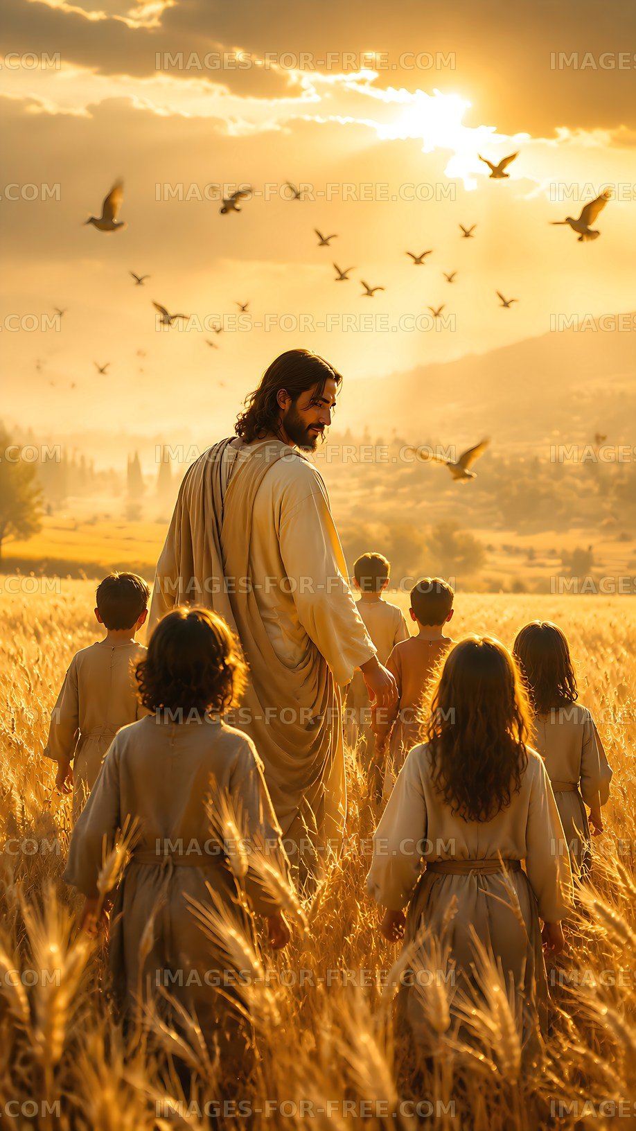 Jesus walks in a wheat field with children at sunset