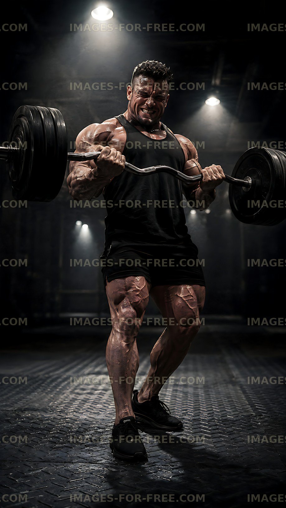 Weightlifter training in gym with heavy barbell