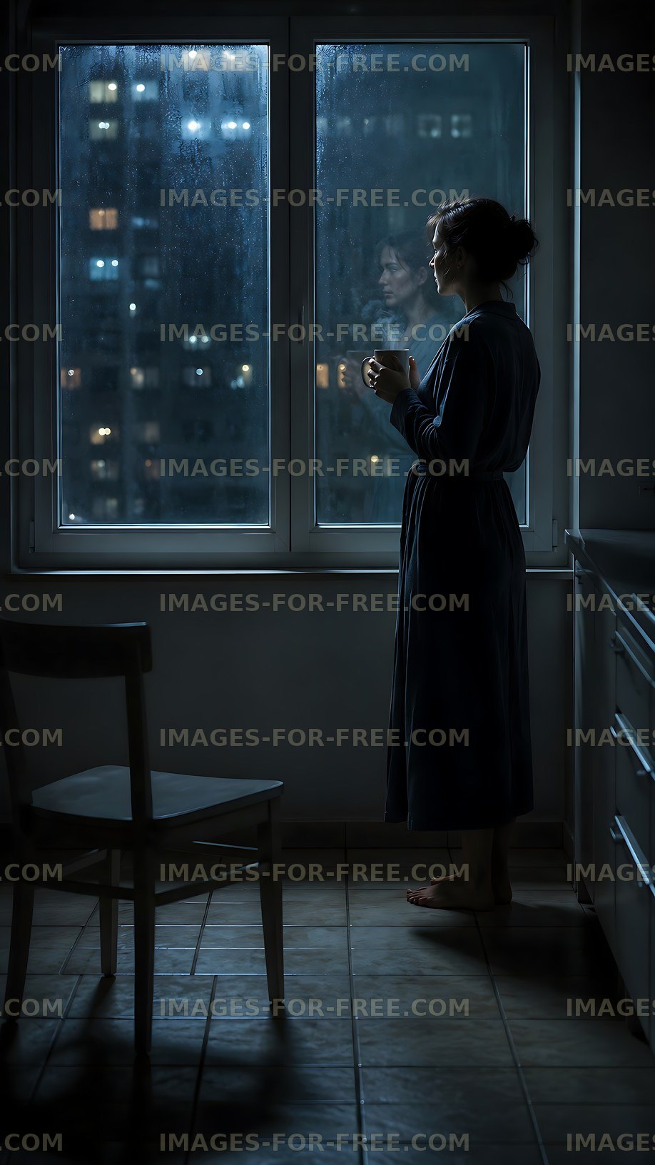 Woman looking out of window at night in urban setting