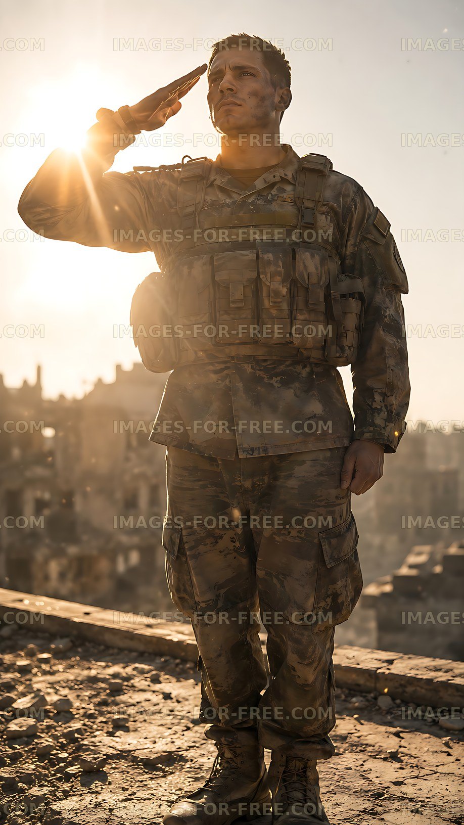 Soldier saluting during sunset in a war-torn city
