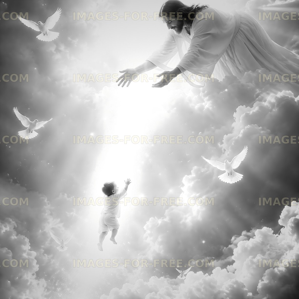 Jesus reaching out to a child in a heavenly scene