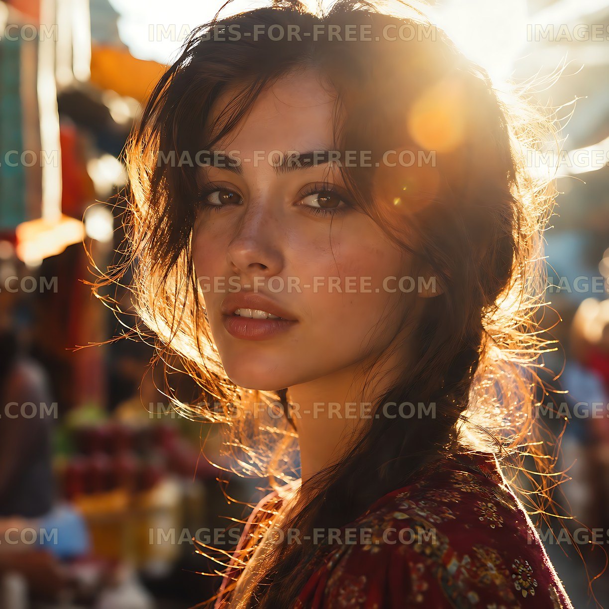 Woman with long hair in market at sunset
