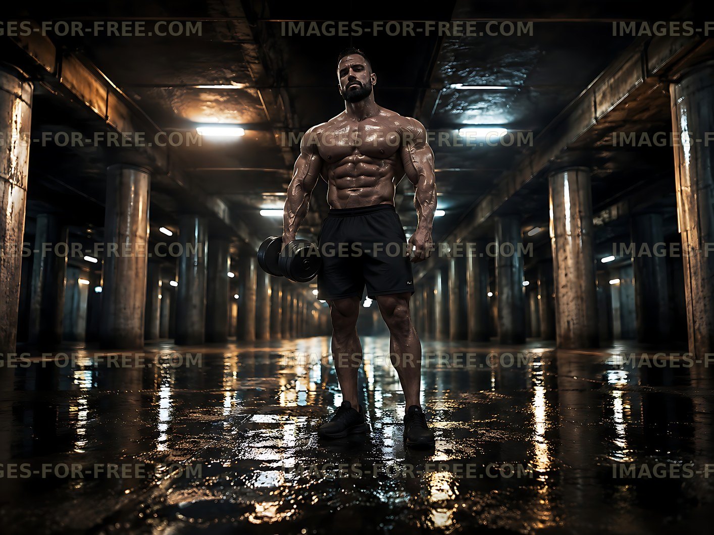 Bodybuilder poses with dumbbell in dark gym setting