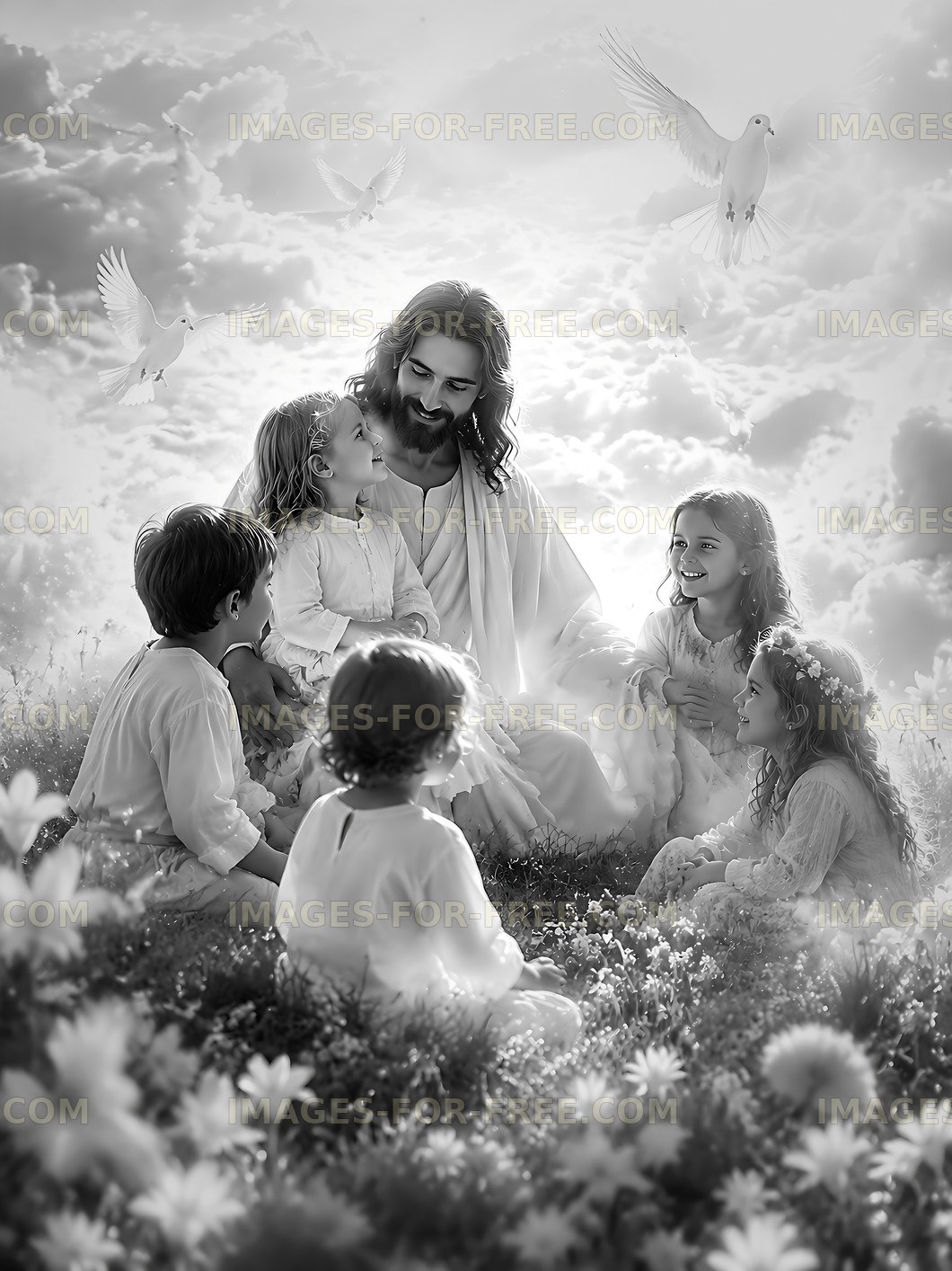 Children gather around Jesus in a serene garden setting