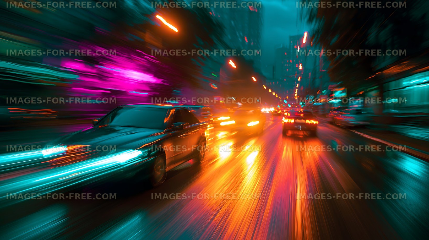 City traffic at night with colorful lights and moving cars