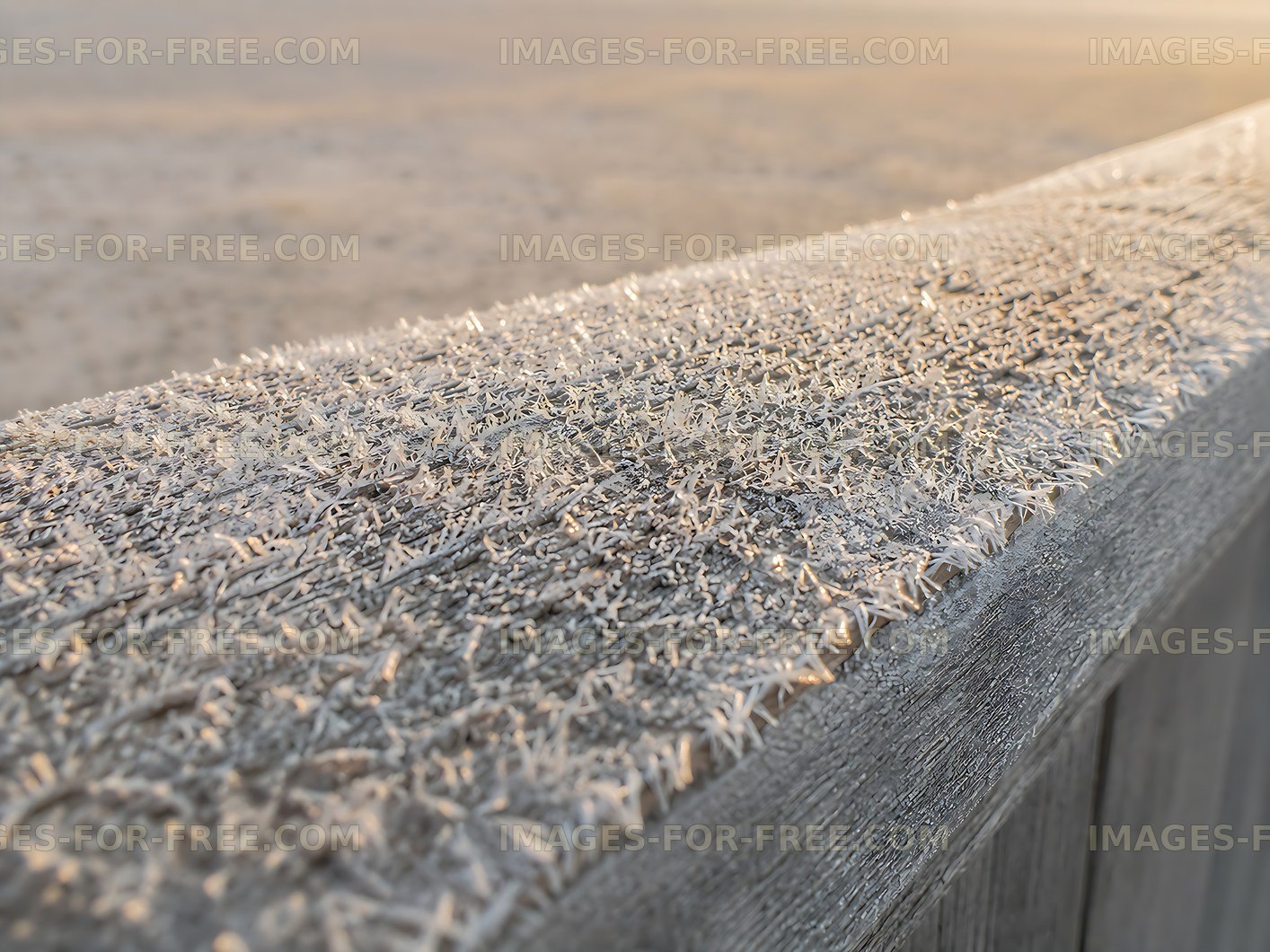 Frost-covered wooden railing at sunrise on a cold morning