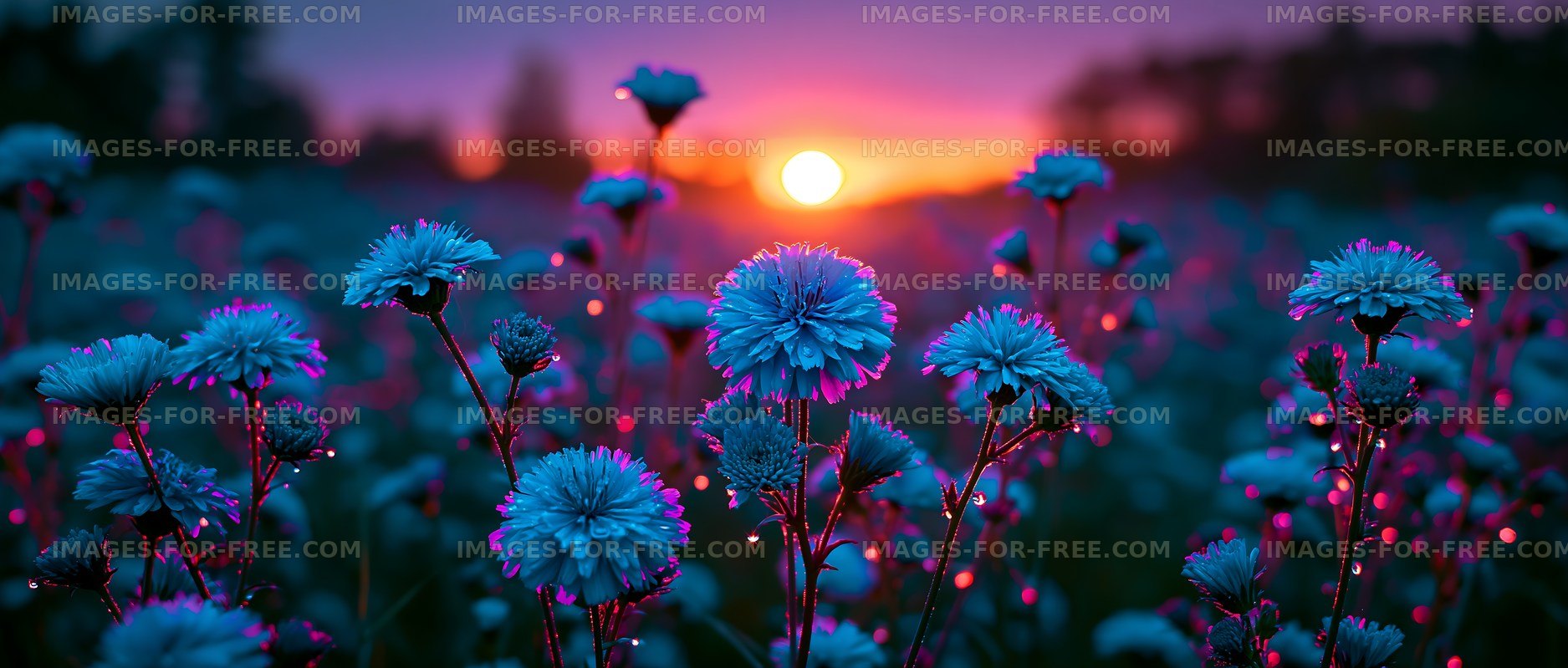 Sunset over a field of blue flowers with glowing details