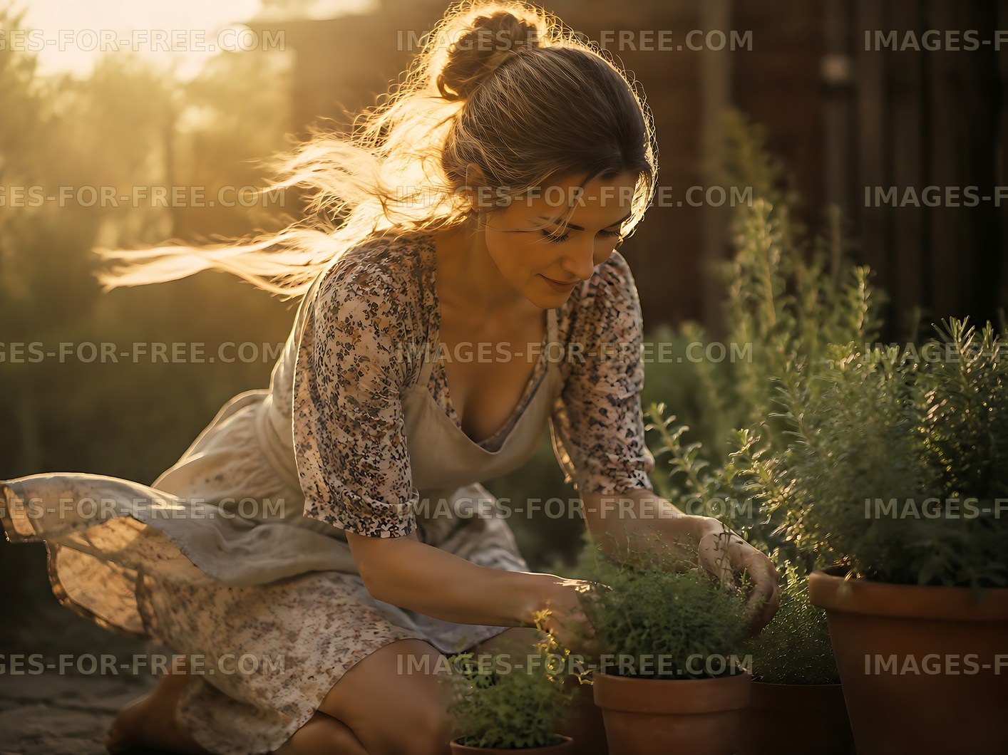 Woman tending to potted herbs in sunny garden setting