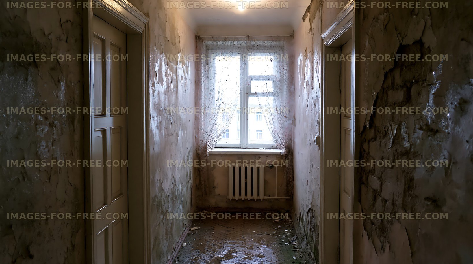 Abandoned hallway with peeling walls and dirty floor