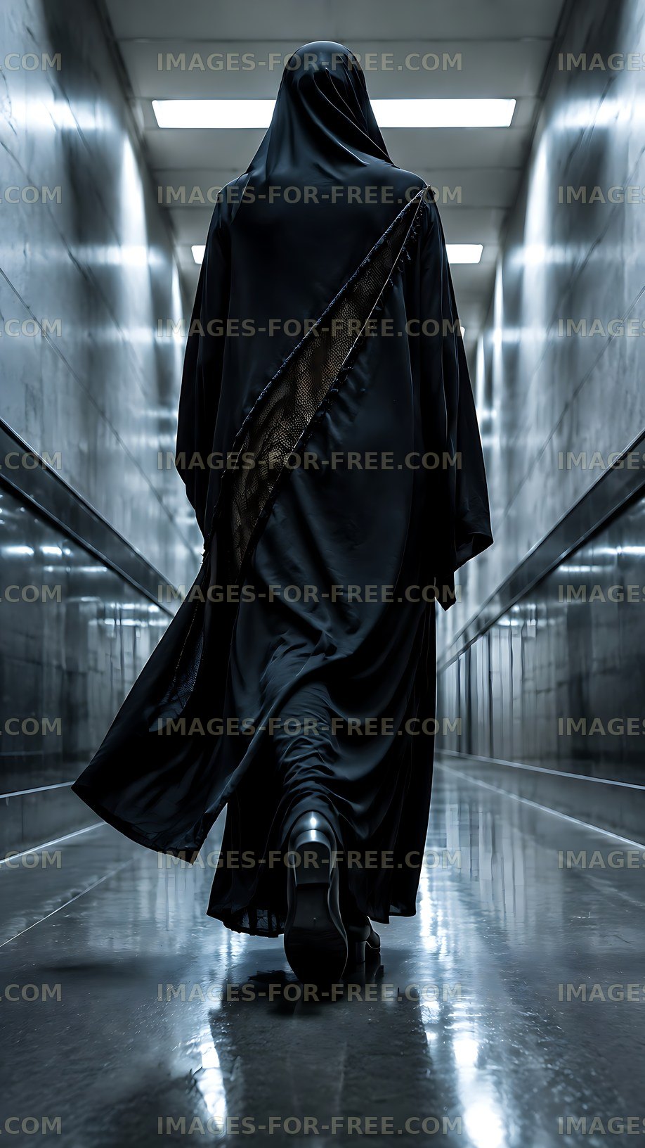 Person walking in hallway wearing black robe