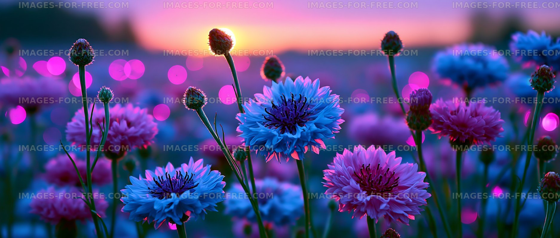 Colorful flowers in a field during sunset