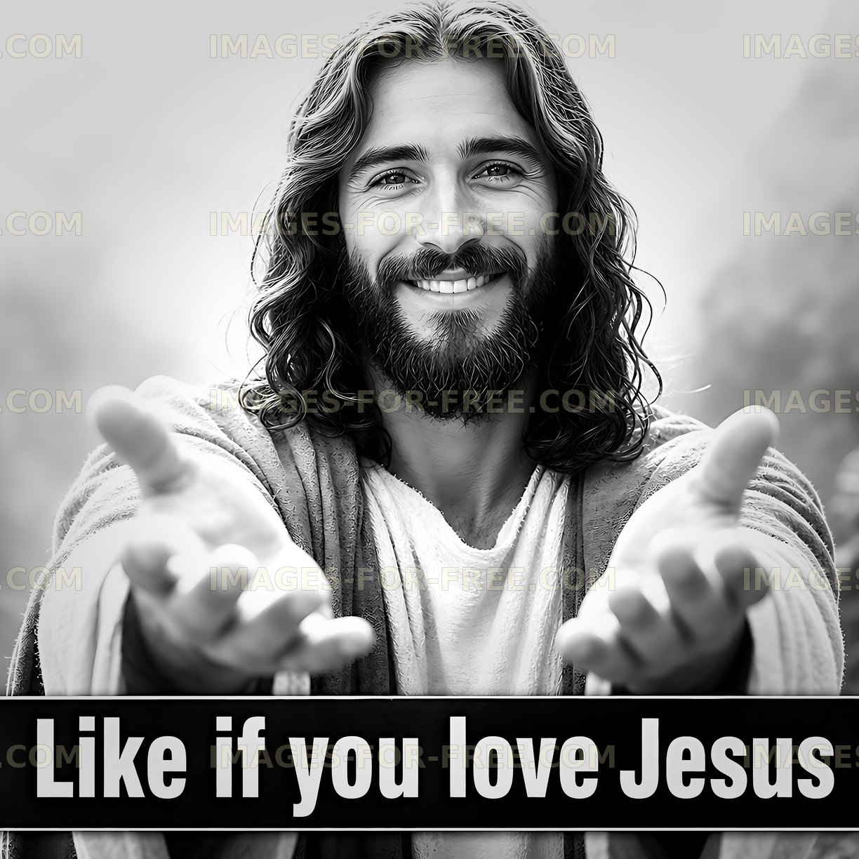 Person with long hair and beard extends hands in gesture of welcome