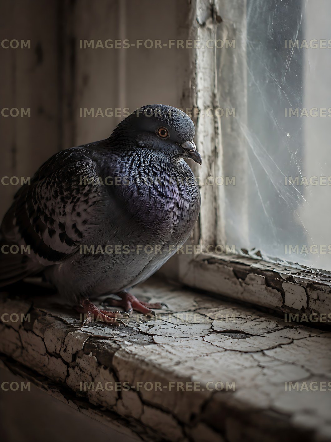 Pigeon resting on a windowsill in an old building