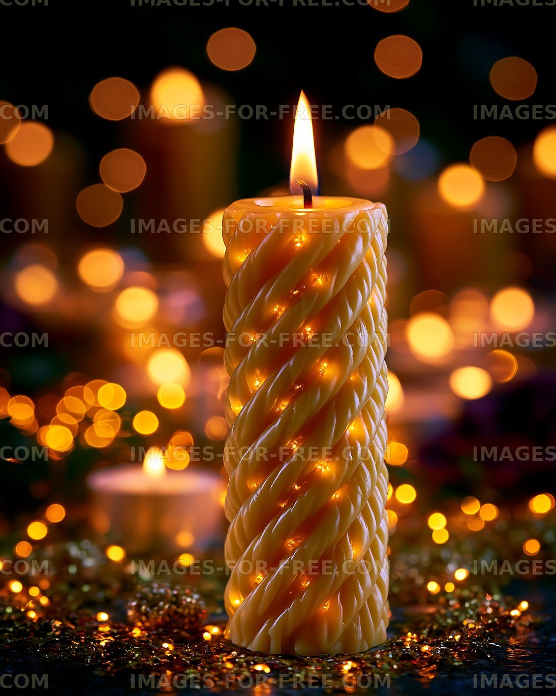Twisted yellow candle among blurred lights and other candles