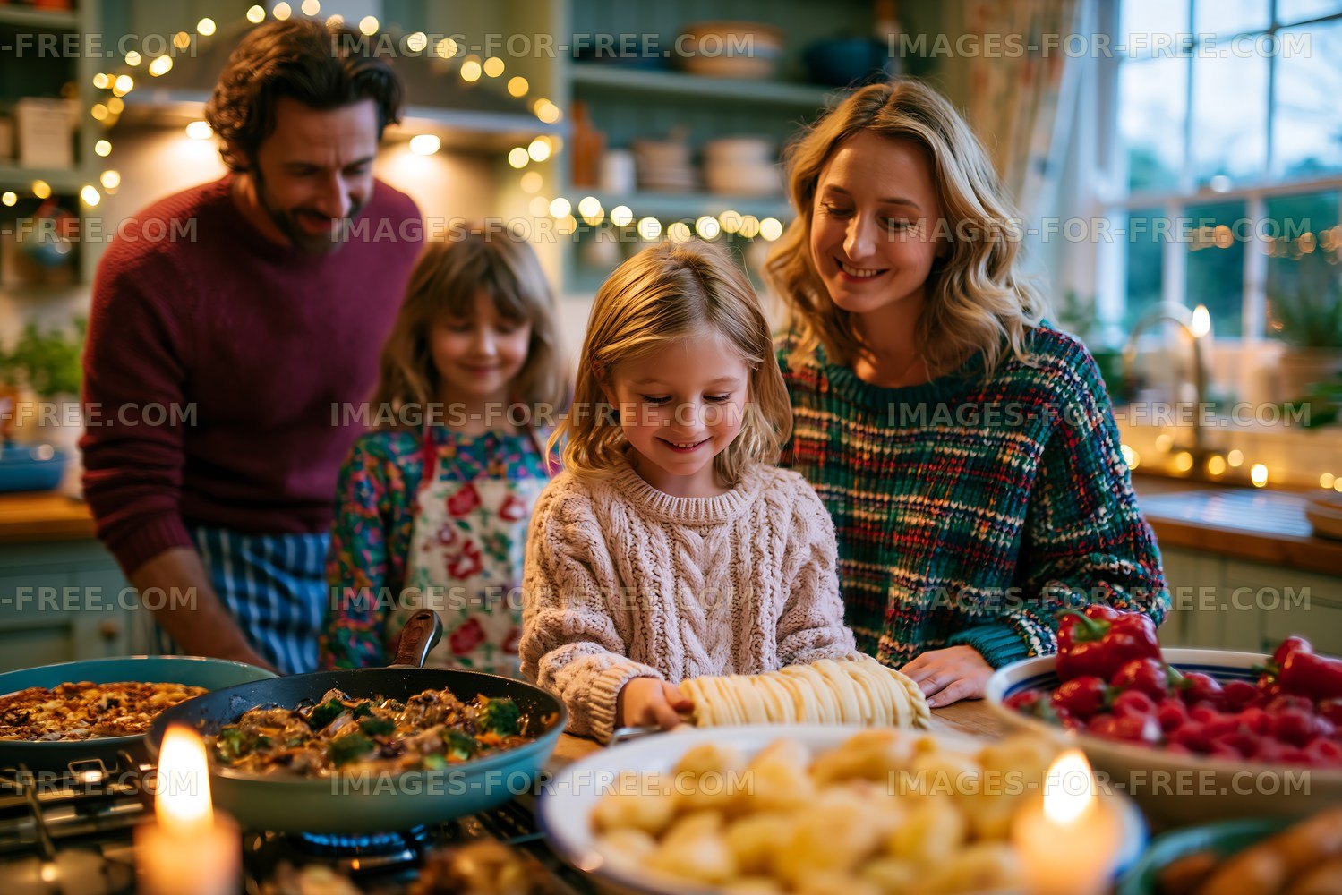 Family cooking together in a cozy kitchen during winter evening