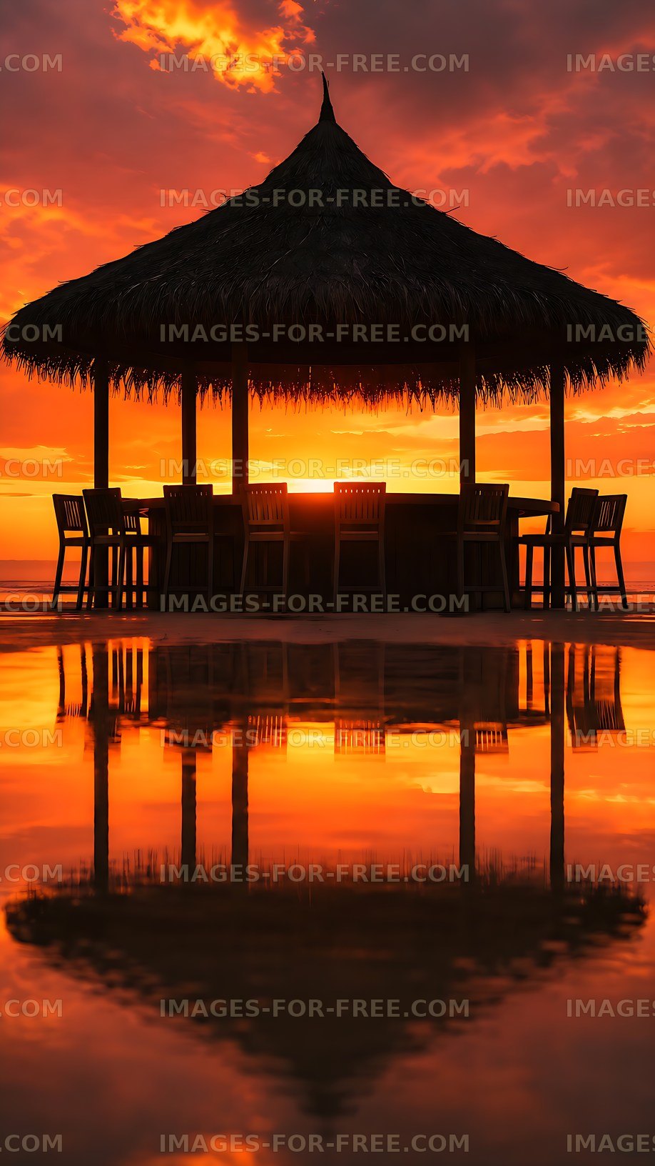 Sunset at a beach hut with reflections on the water