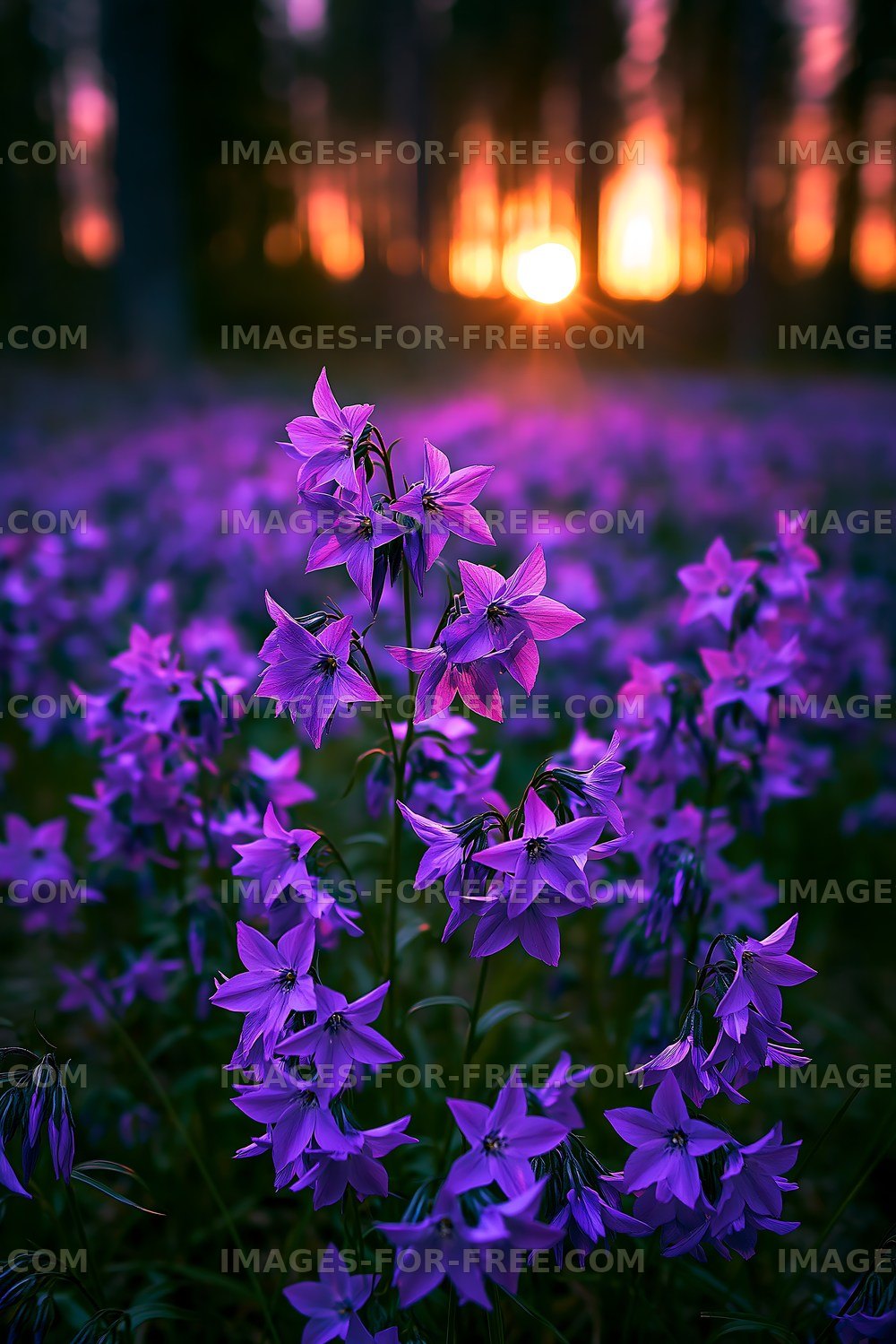 Purple flowers bloom at sunset in the forest