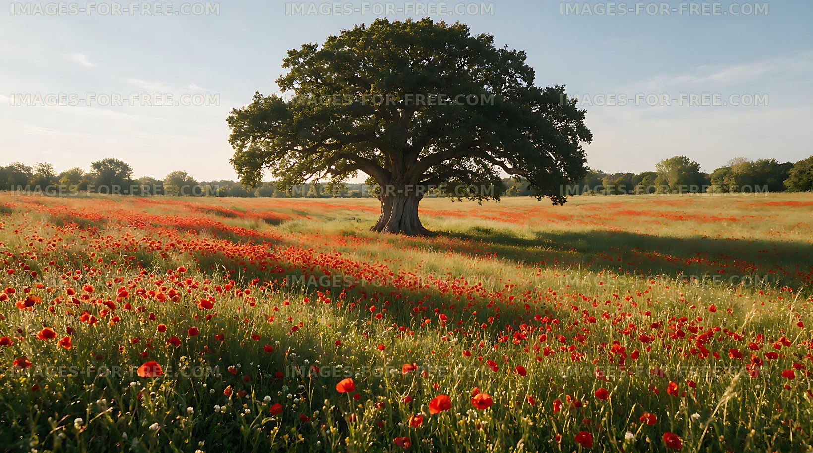 Vibrant field of poppies under a large tree