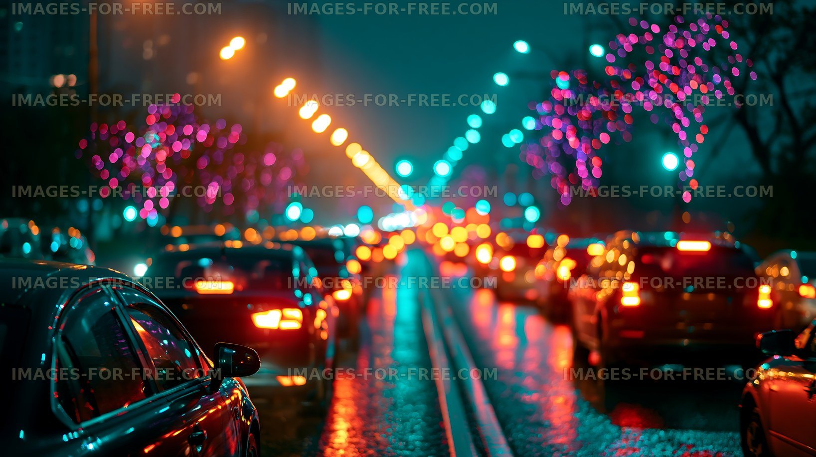 City street filled with cars and colorful lights at night