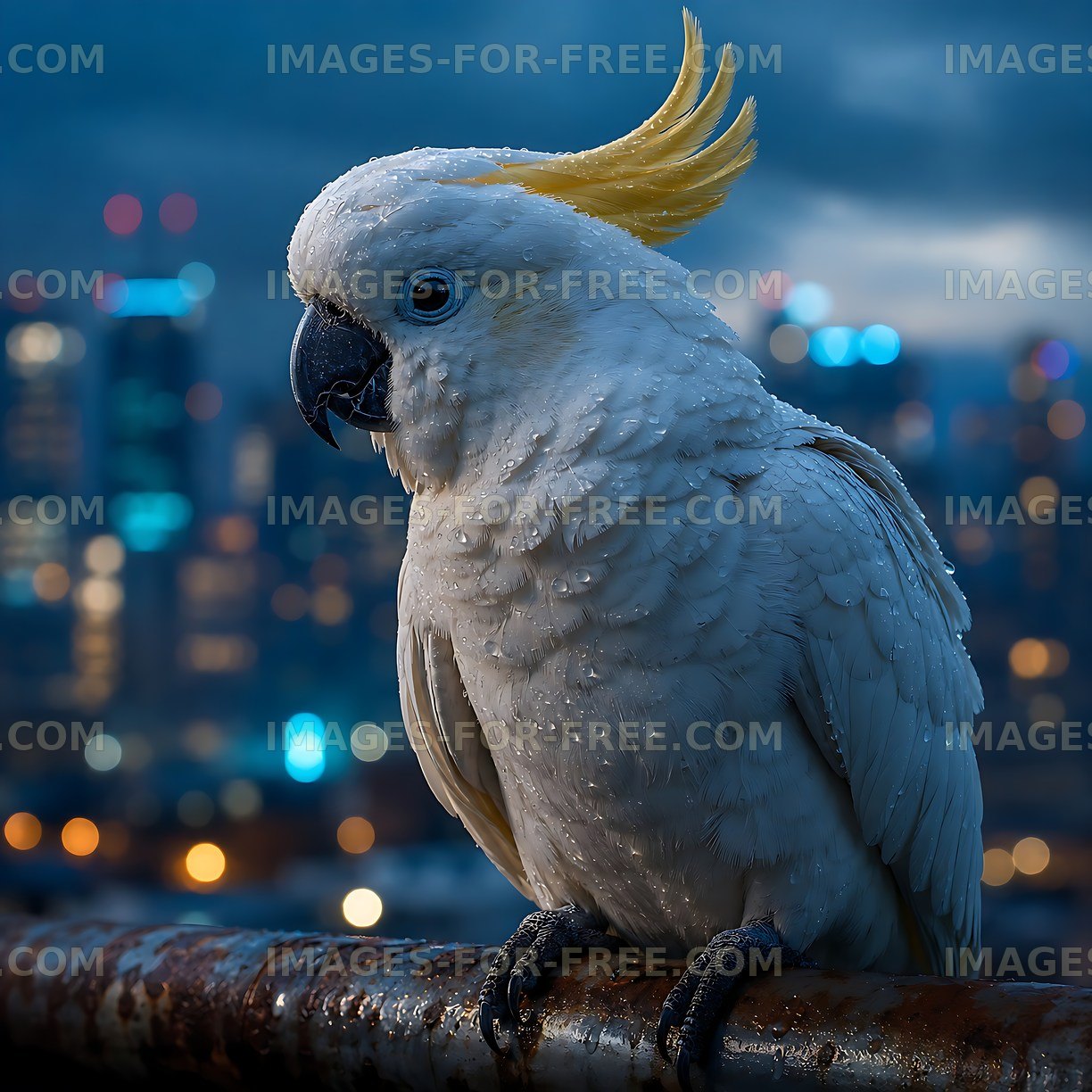 Cockatoo perched on railing against city skyline at dusk