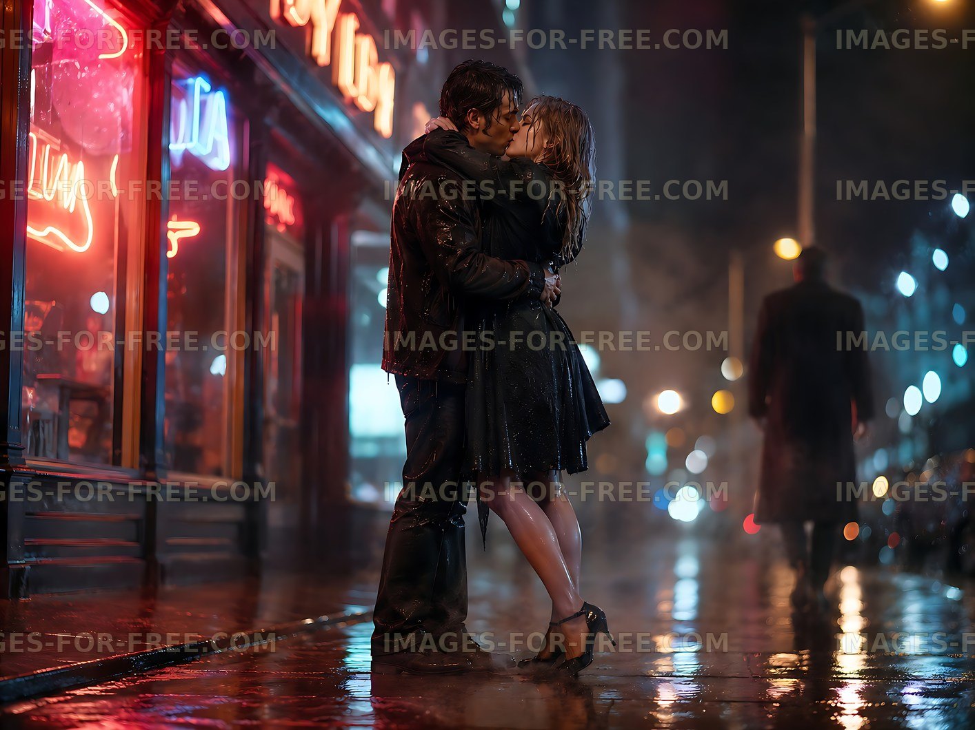 Couple sharing a kiss on a rainy city street at night