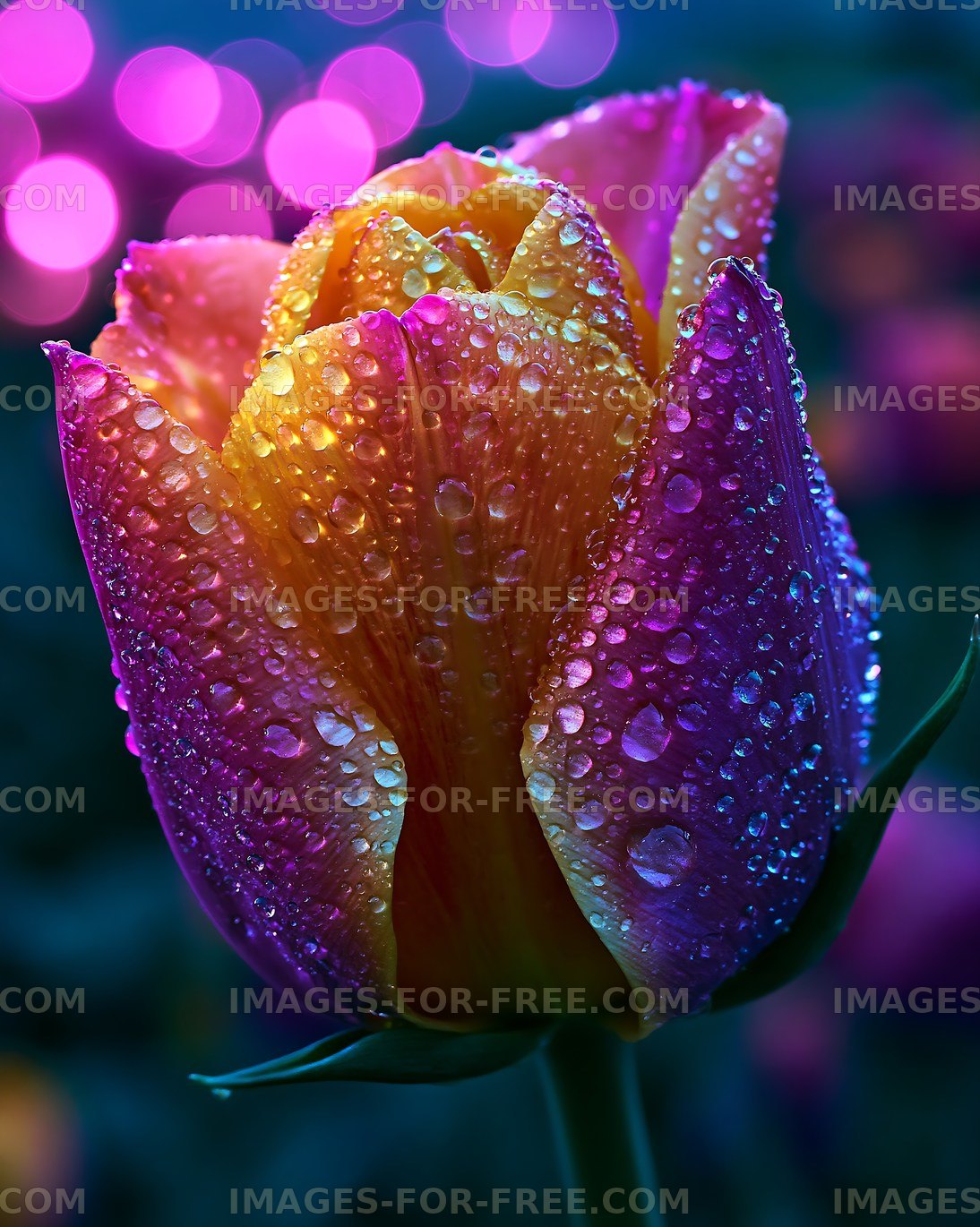 Colorful rose with water droplets under soft light