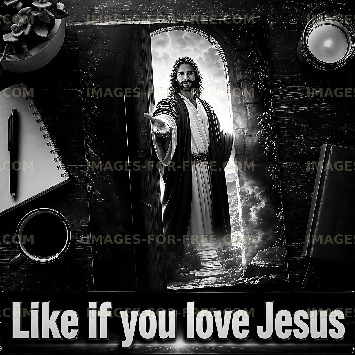Doorway with Jesus reaching out in a black and white scene