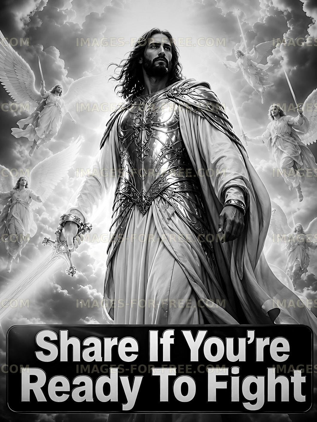 Angel warrior stands in armor with sword