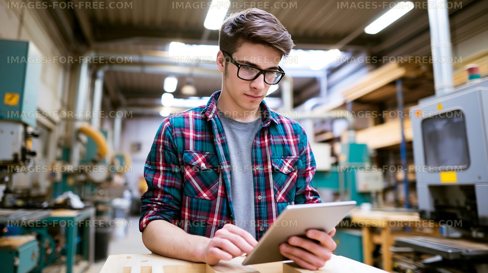 Young man using tablet in woodworking shop