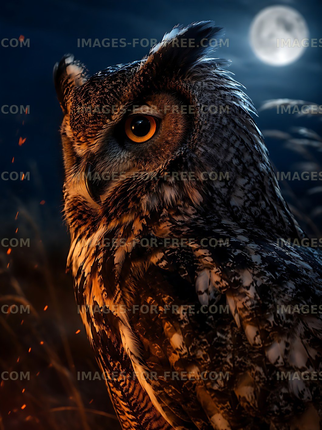 Owl perched in grass under a full moon at night