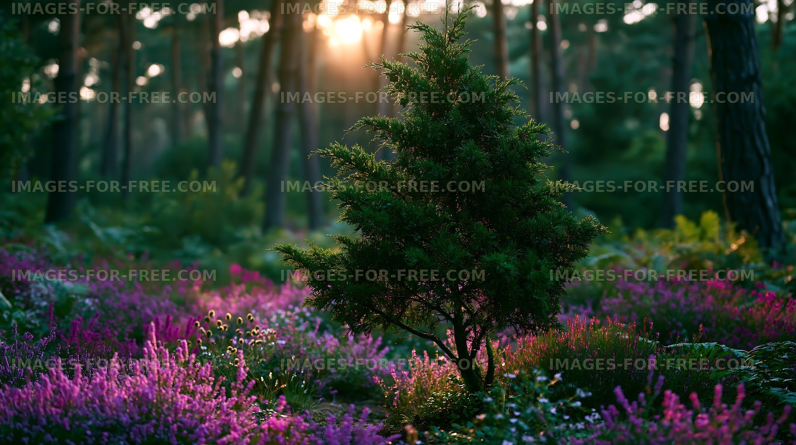 Sunlight shining through trees in a vibrant forest scene