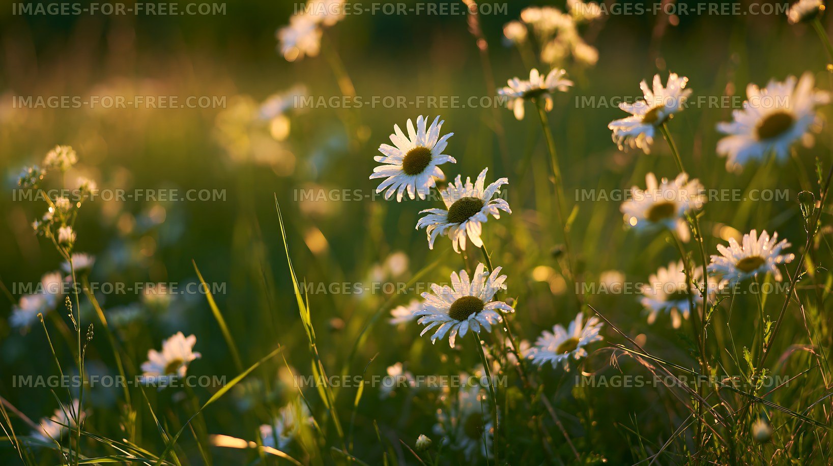 Daisies blooming in a field during sunset