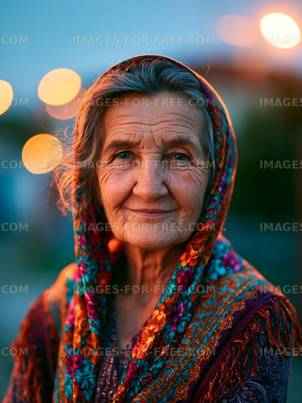 Elderly woman smiling at dusk with warm lights in background