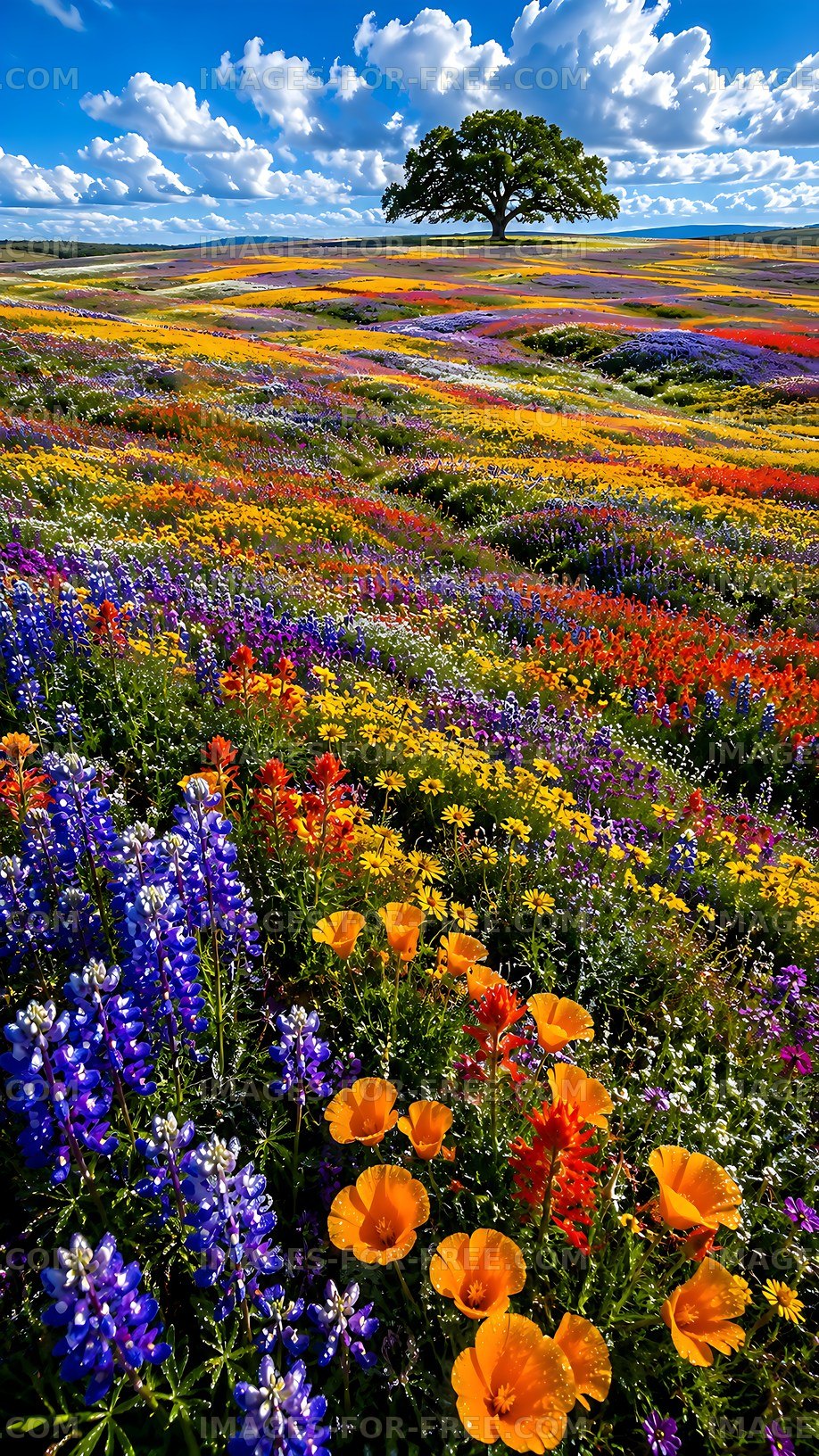 Colorful wildflower field under blue sky with clouds