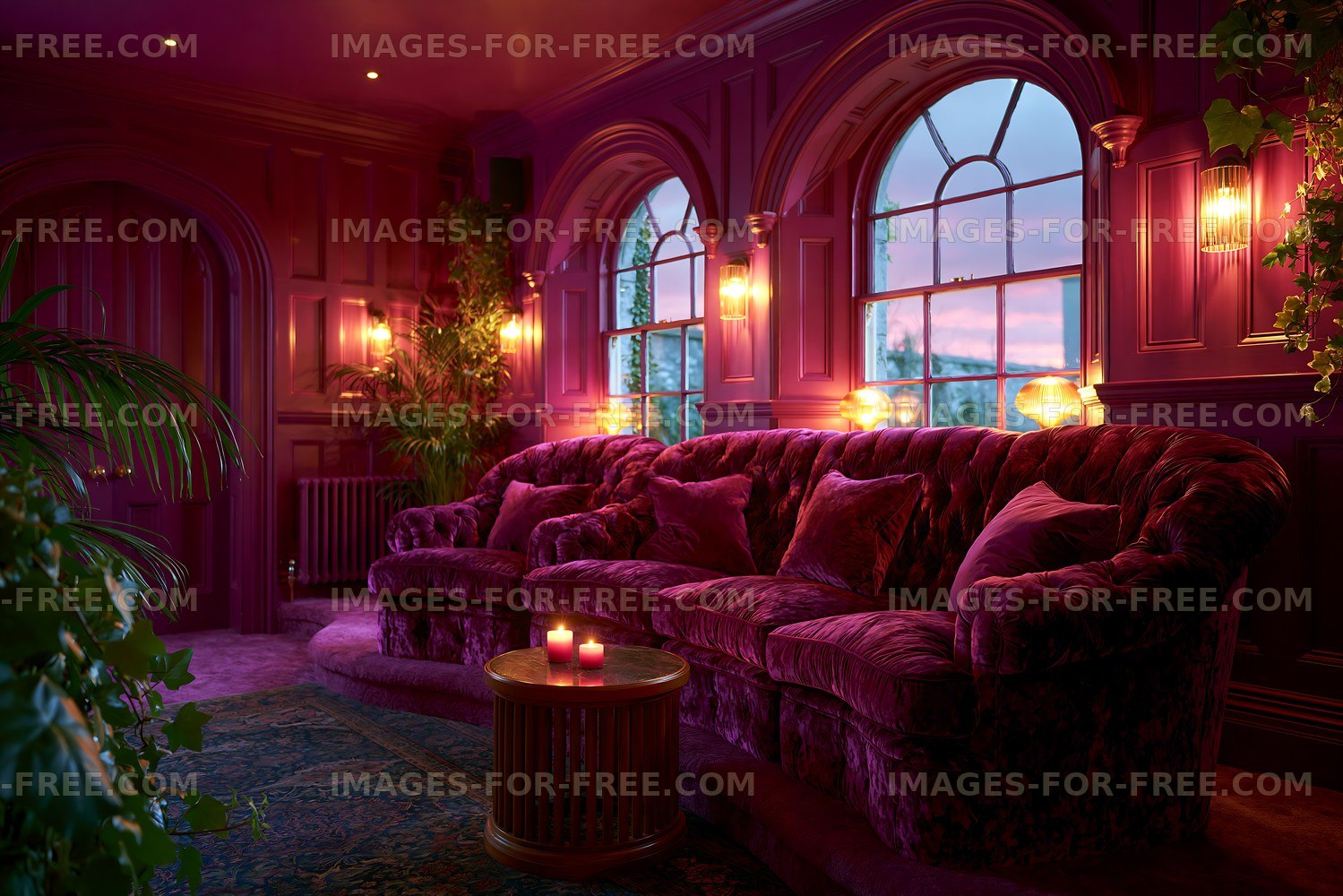 Elegant living room with purple decor and soft lighting