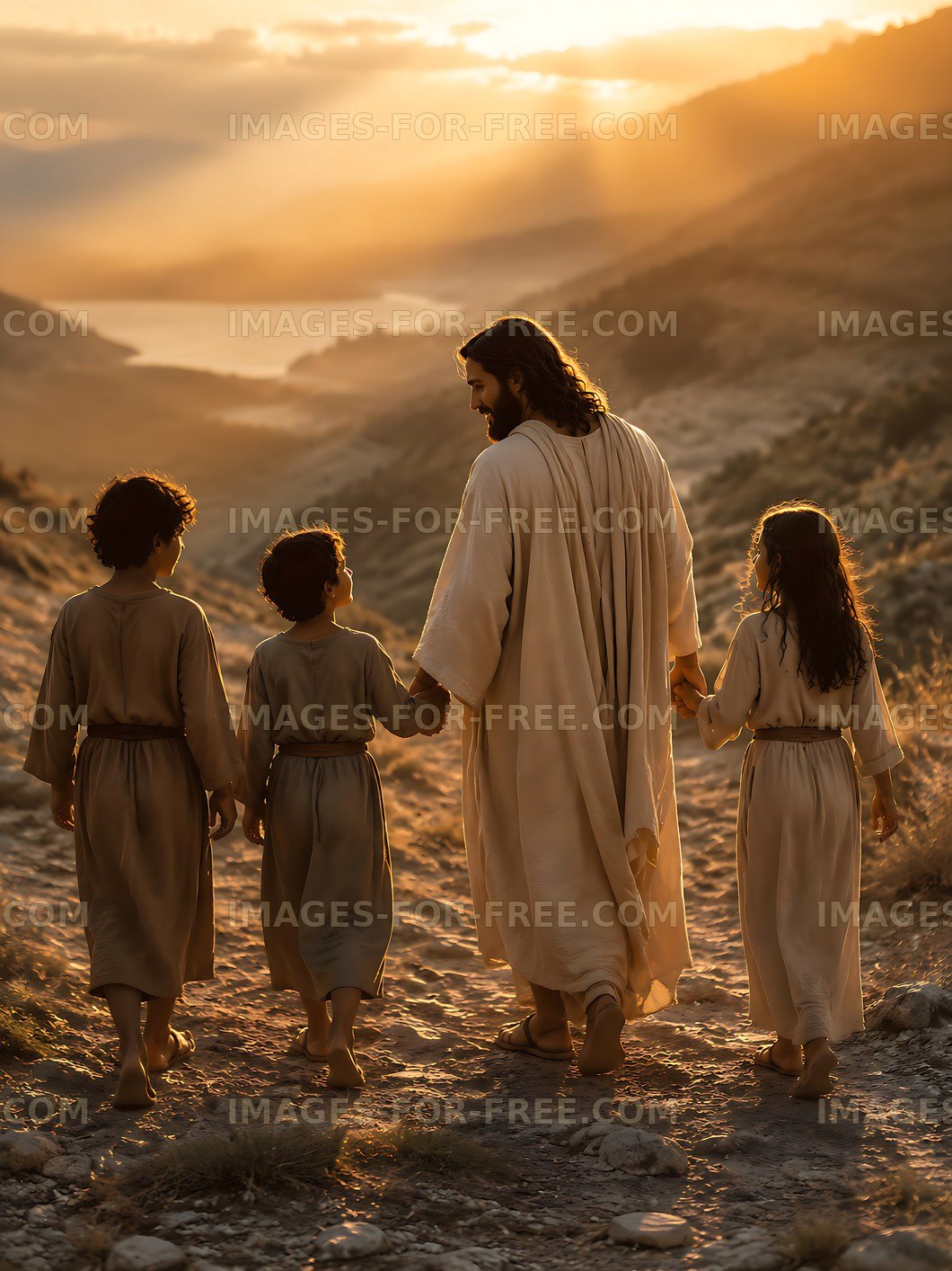 Jesus walking with children on a path during sunset