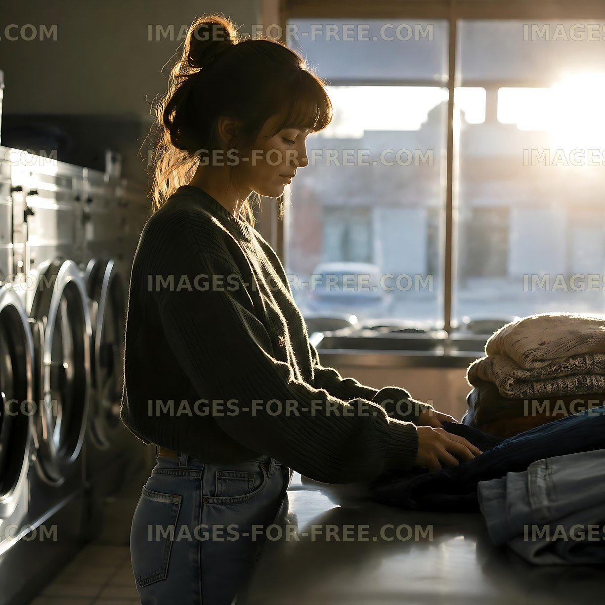 Woman folding laundry in a laundromat during sunset