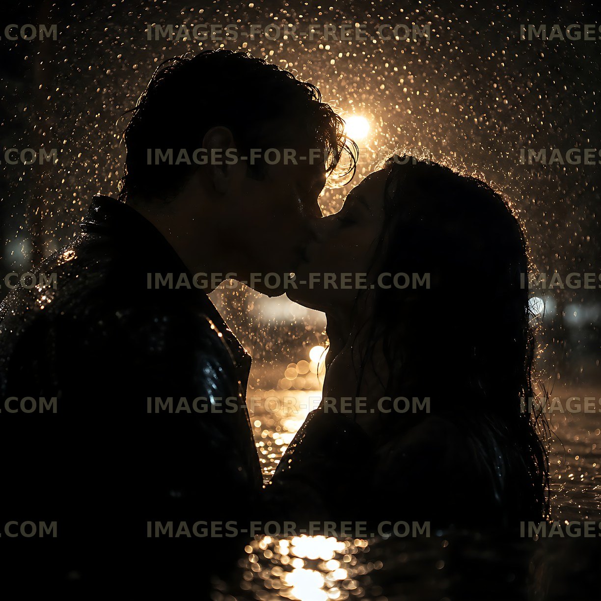 Couple kissing in the rain under streetlight at night