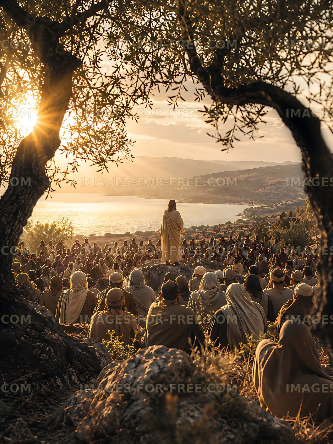 Crowd listening to speaker at sunset in natural setting