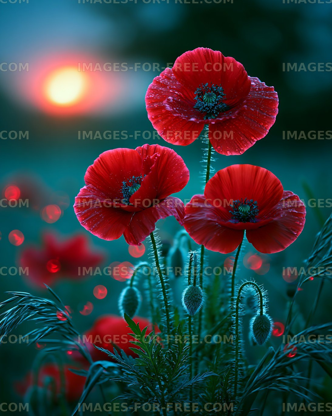 Red poppies blooming at sunset in a tranquil field